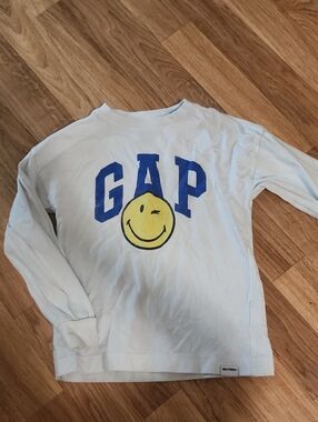 GAP White Long Sleeve Shirt with Blue Logo and Yellow Smiley